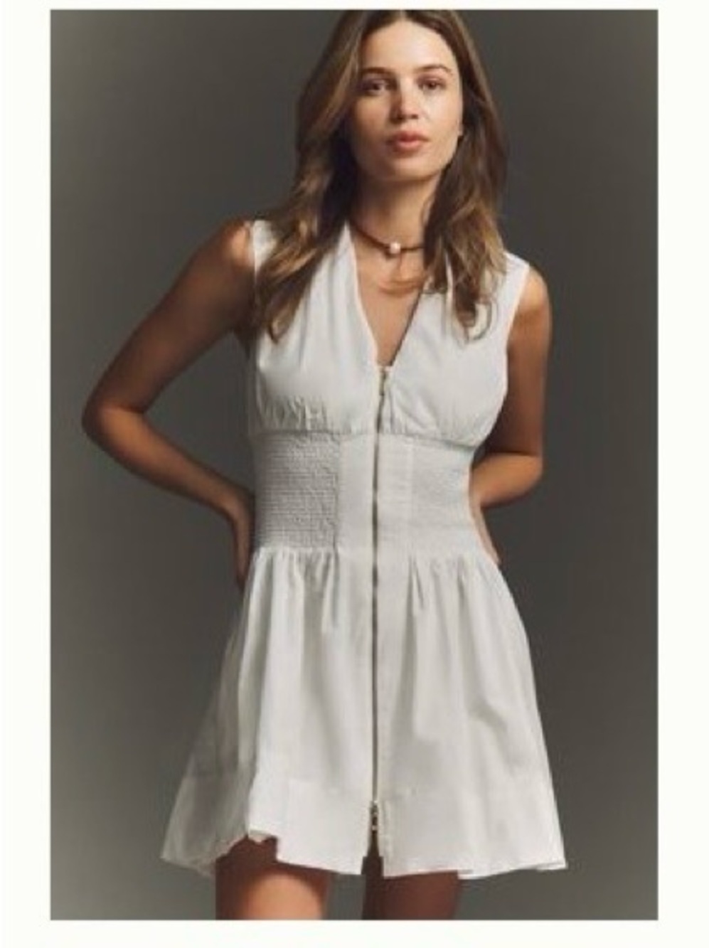 Anthropologie Tommie Cap-Sleeve Smocked Front-Zip Shirt Dress White Small